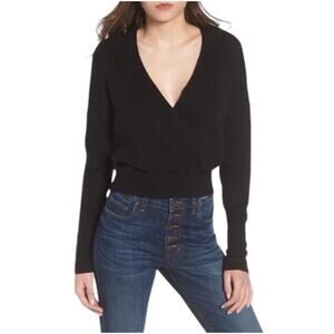 Leith Women's Rib Faux Wrap Sweater Plunging Surplice V-Neck Black Size Large